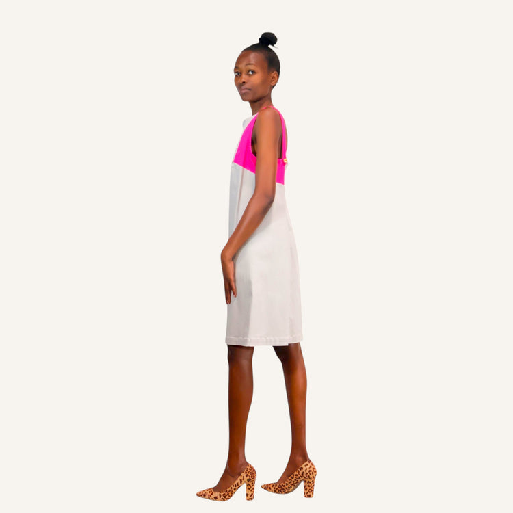 60's beige shift dress with pink accent and gold buttons