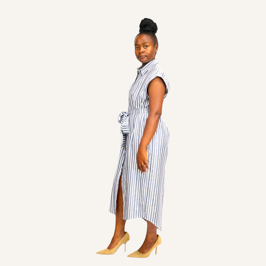 Blue and white stripped sleeveless button down shirt dress with invisible placket