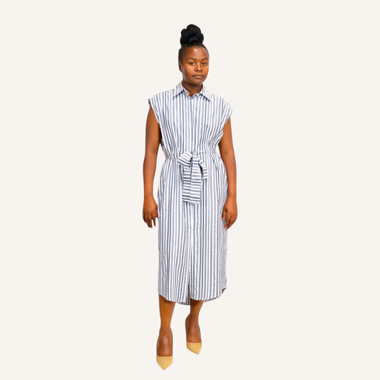 Blue and white stripped sleeveless button down shirt dress with invisible placket