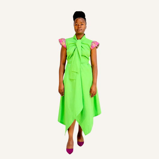 Lime green handkerchief dress with ties and cap sleeve