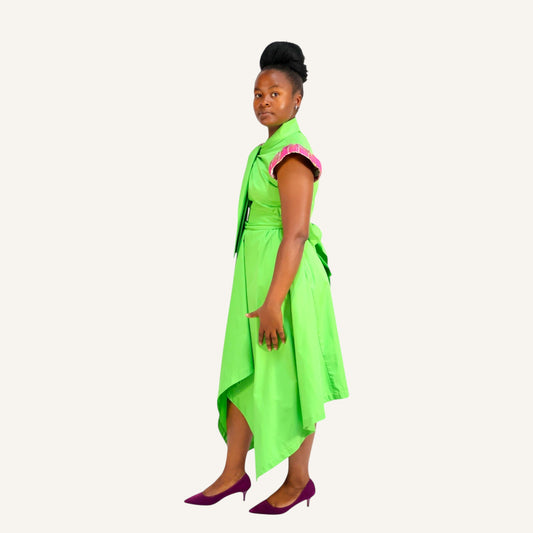 Lime green handkerchief dress with ties and cap sleeve