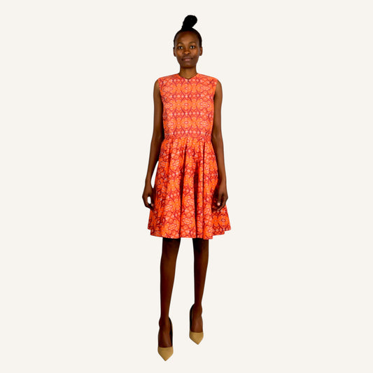 Orange print mali sleeveless dress with back opening and front zip closure