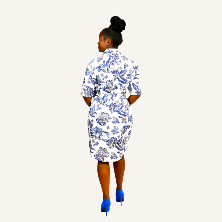 White floral short sleeved shirt dress with invisible placket