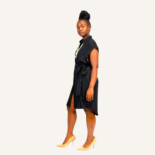 Black sleeveless shirt dress with invisible placket