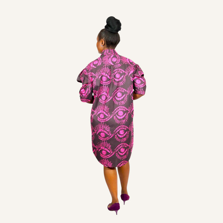 Pink eye print ruffled sleeve shirt dress with invisible placket