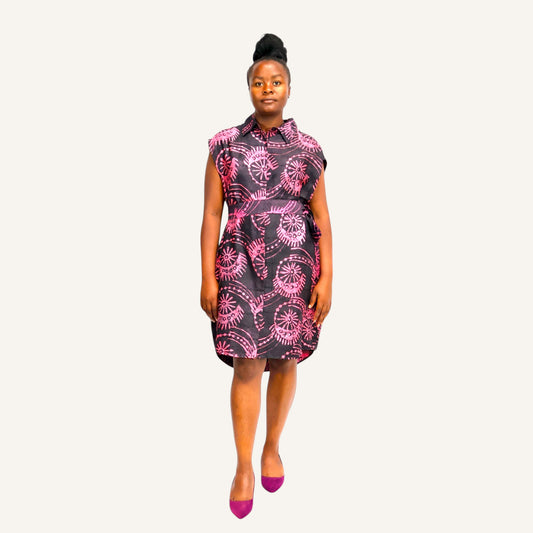 Black eye print short sleeved shirt dress with invisible placket