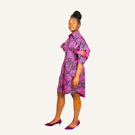 Pink scallop ruffled sleeve shirt dress with invisible placket