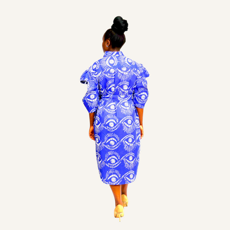 Blue eye print ruffled sleeve shirt dress with invisible placket