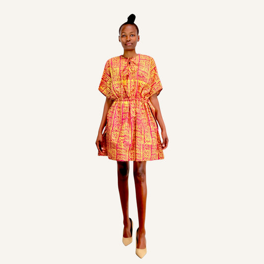 Red vert print mini kaftan with ties