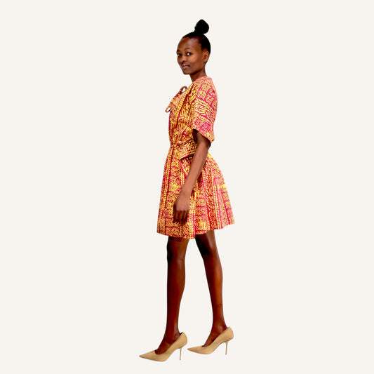 Red vert print mini kaftan with ties