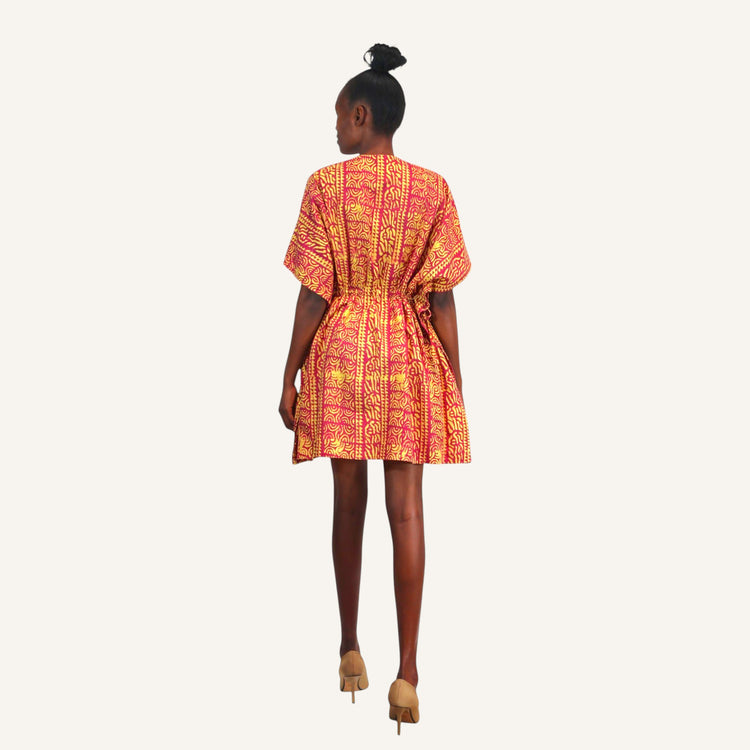 Red vert print mini kaftan with ties