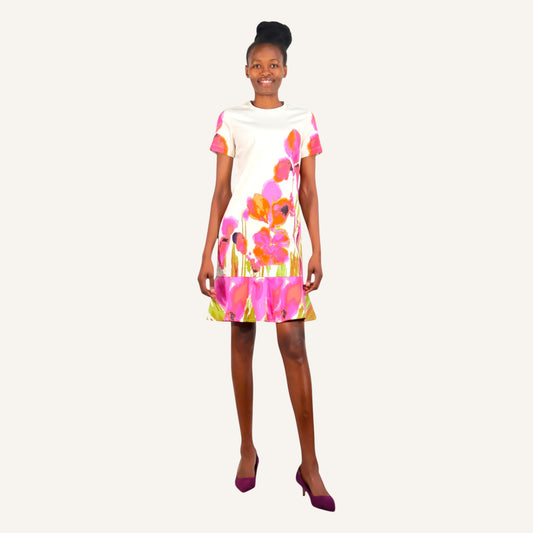 Off white floral round neck dress with a peplum