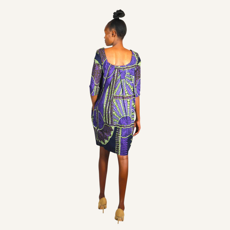 Pleated back dress with darts three quarter sleeves and square neckline