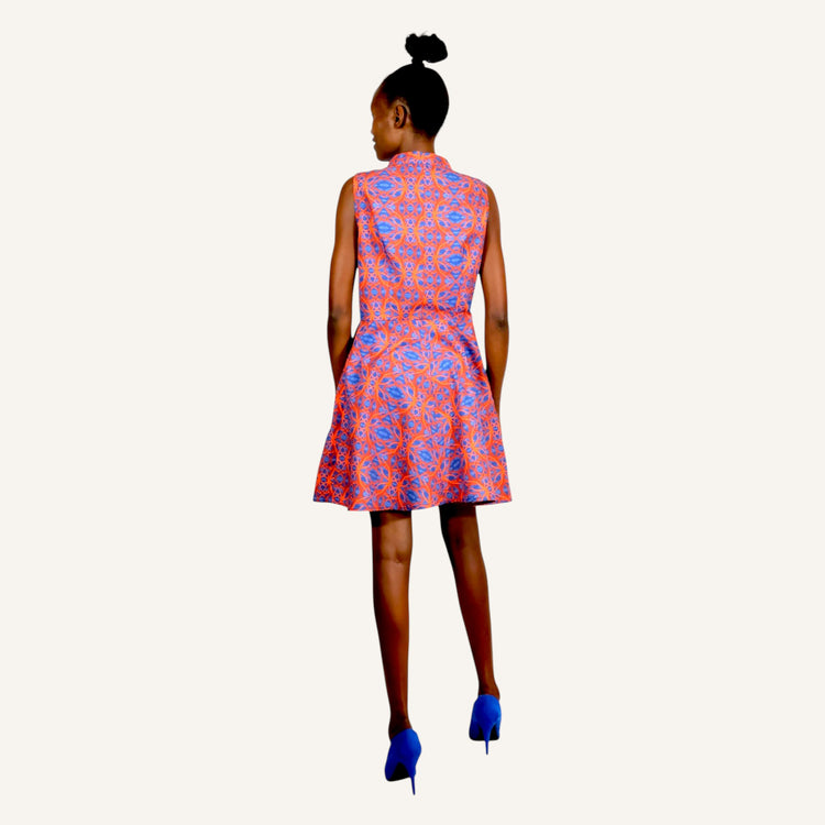 Printed sleeveless mali dress with chinese collar,v-neck and front zip