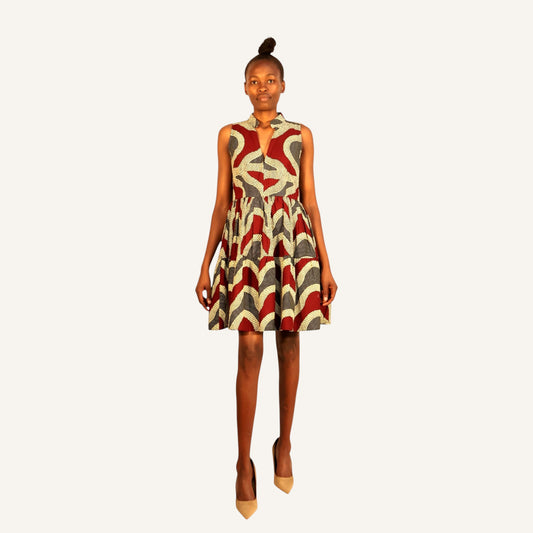 Printed v-neck chinese collar sleeveless mali dress with back zip