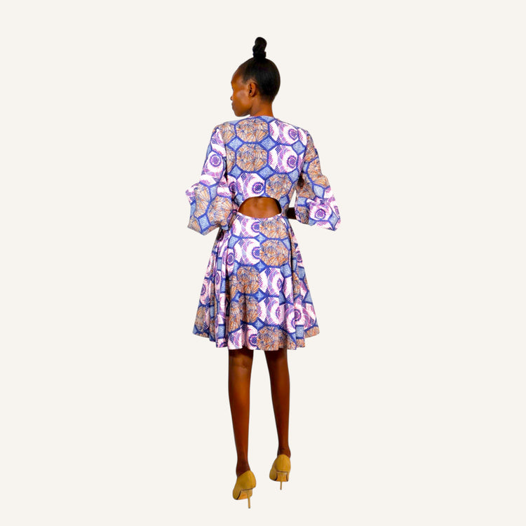 Printed mali dress with back opening,front zip elasticated balloon sleeves