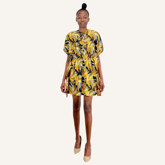 KAFTAN PRINT DRESS WITH V-NECK AND WAIST TIES