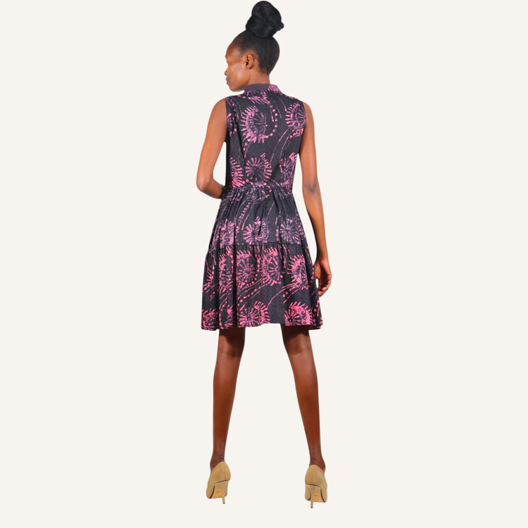 EYE PINK PRINT PEPLUMSLEEVELESS DRESS WITH V-NECK