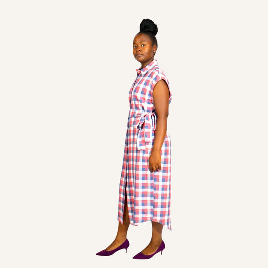 Red checked sleeveless shirt dress with invisible placket