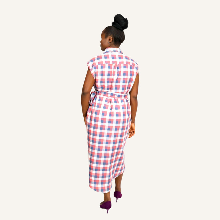 Red checked sleeveless shirt dress with invisible placket