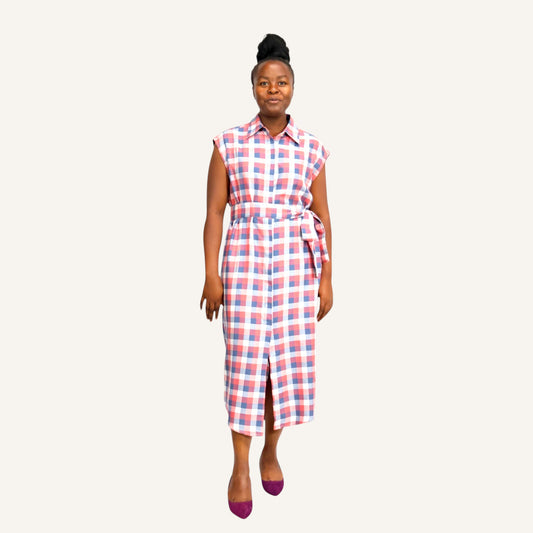 Red checked sleeveless shirt dress with invisible placket