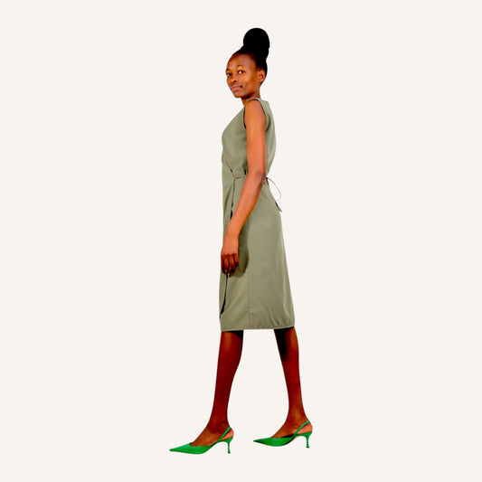 Sage green sleeveless knee length wrap dress