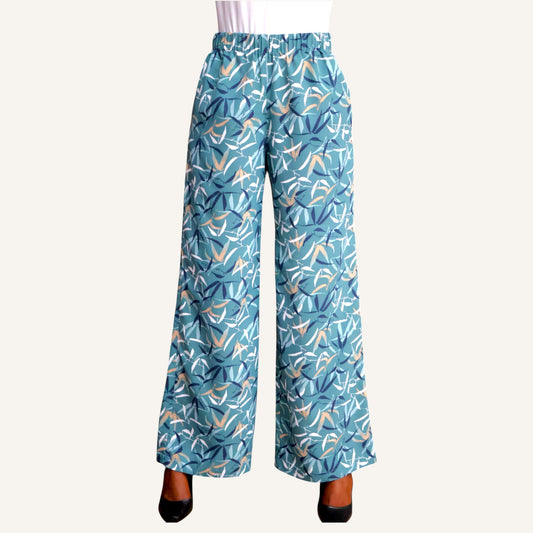 Wide leg bamboo print pants with elastic waist band
