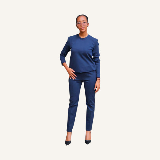 Skinny leg pin tuck pants with a strip and elastic band