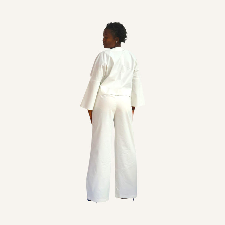 Straight leg cotton pants with half elastic waist band