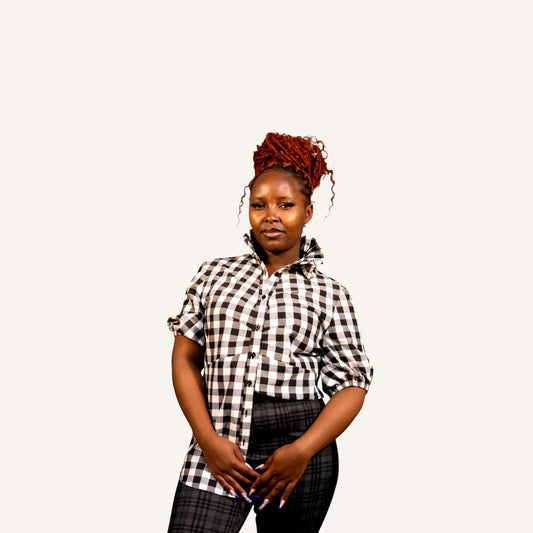Ruffled collar button down check shirt with elastic short sleeves