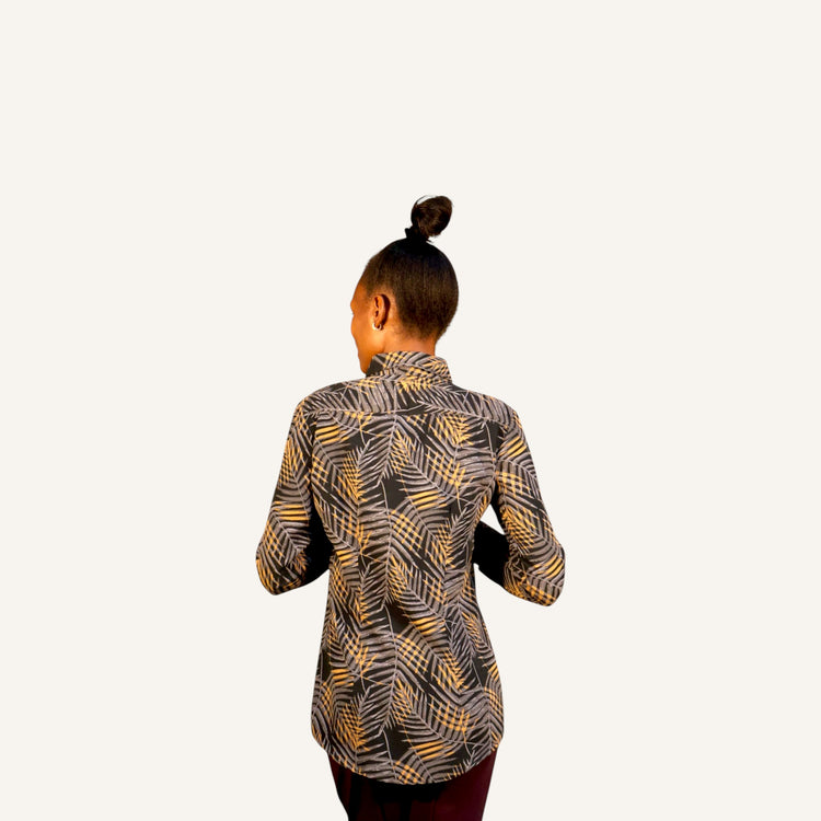Black bamboo print button down long sleeved shirt