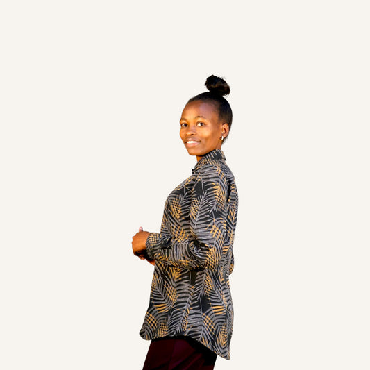 Black bamboo print button down long sleeved shirt