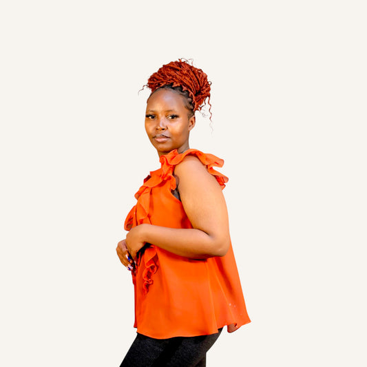 Brown ruffled sleeveless button down chiffon top