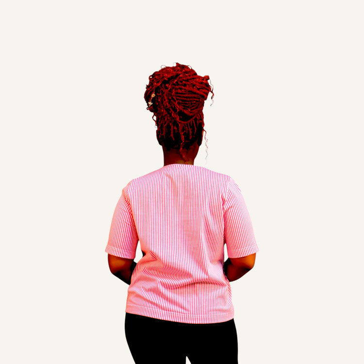 Pink and white stripped short sleeved t-shirt with crew neck