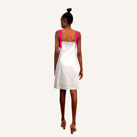 60's beige shift dress with pink accent and gold buttons