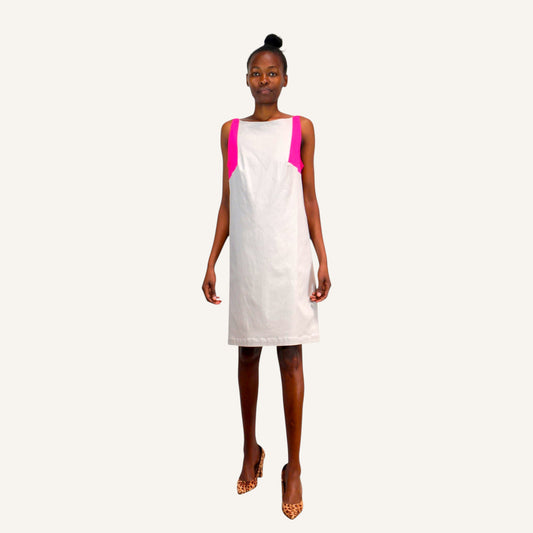 60's beige shift dress with pink accent and gold buttons