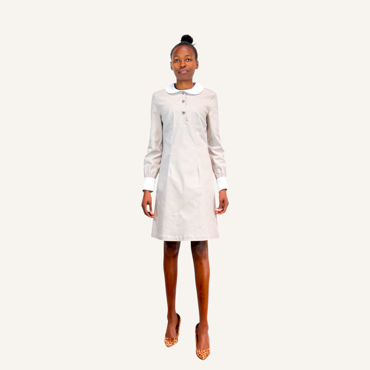 60's beige Peter pan collar dress with white collar and cuff accents
