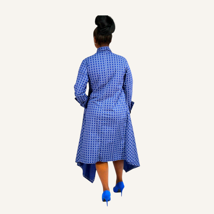 Blue white circles print handkerchief dress with ties