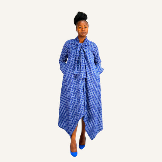 Blue white circles print handkerchief dress with ties