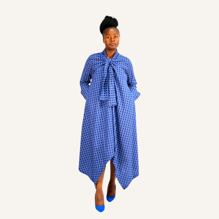 Blue white circles print handkerchief dress with ties