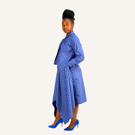 Blue white circles print handkerchief dress with ties