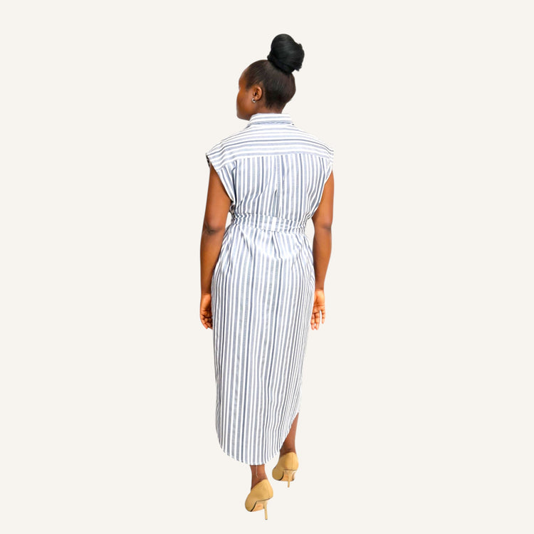 Blue and white stripped sleeveless button down shirt dress with invisible placket