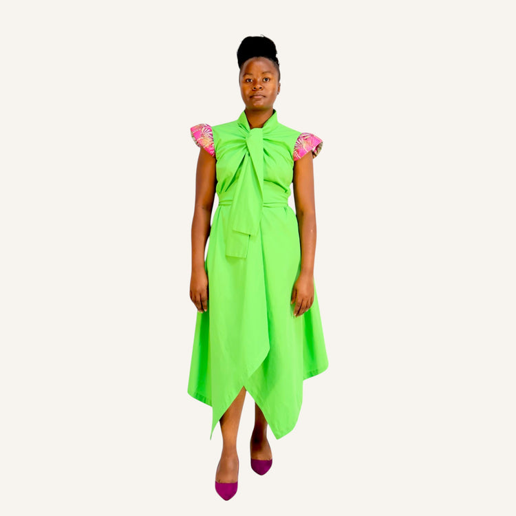 Lime green handkerchief dress with ties and cap sleeve