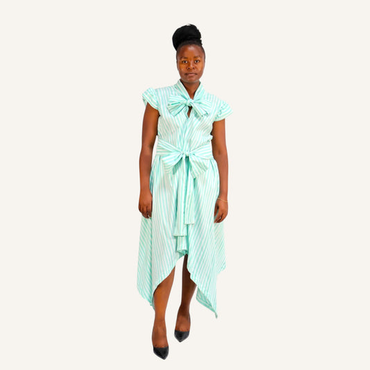 Striped Mint green and white stripe cap sleeved shirt dress with invisible placket