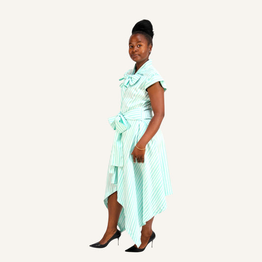Striped Mint green and white stripe cap sleeved shirt dress with invisible placket