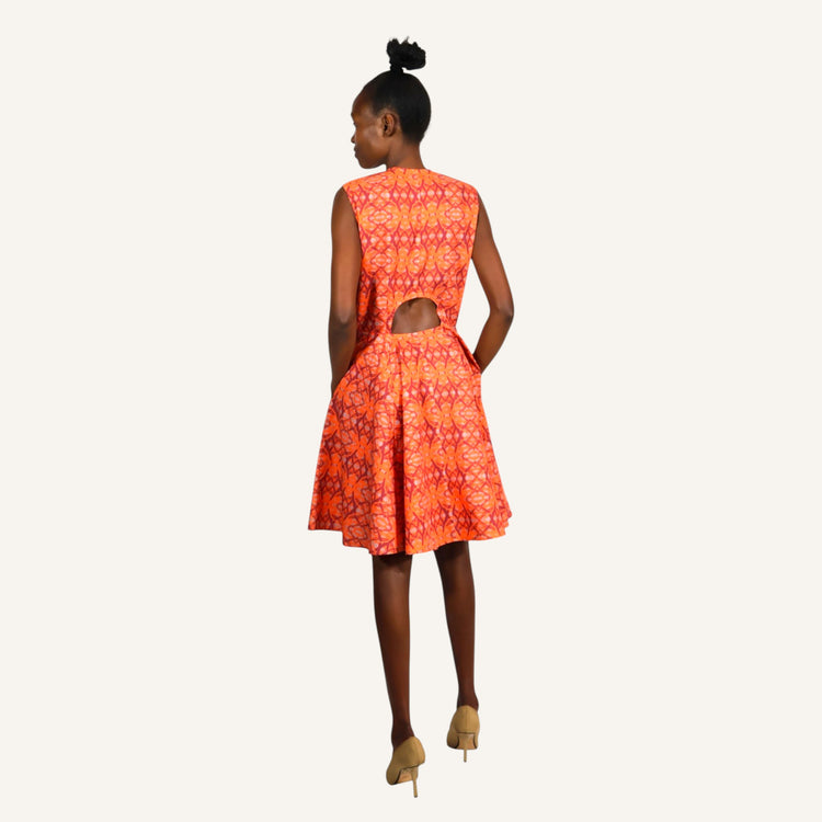 Orange print mali sleeveless dress with back opening and front zip closure