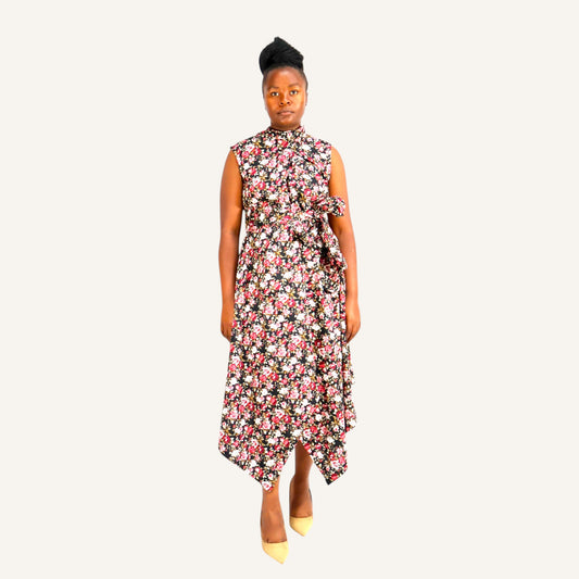 Rose print handkerchief dress with ties