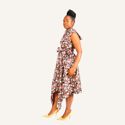 Rose print handkerchief dress with ties