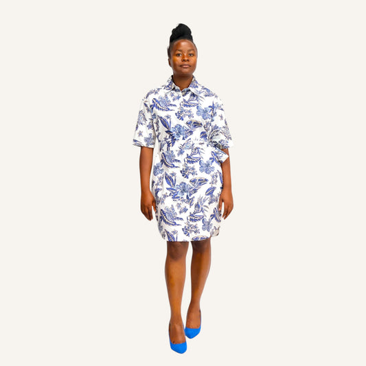 White floral short sleeved shirt dress with invisible placket