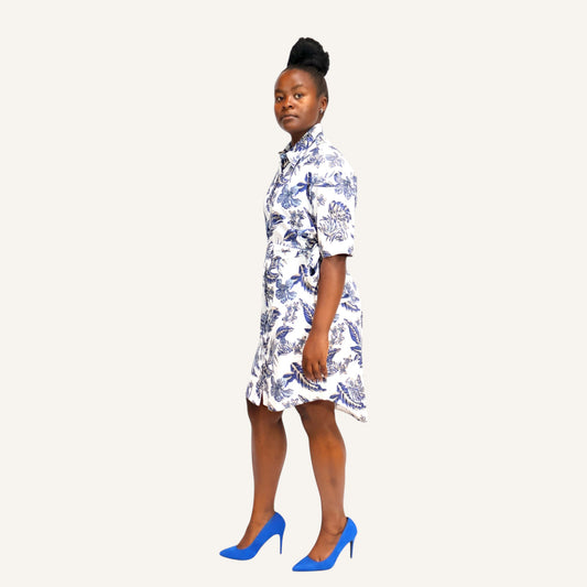 White floral short sleeved shirt dress with invisible placket